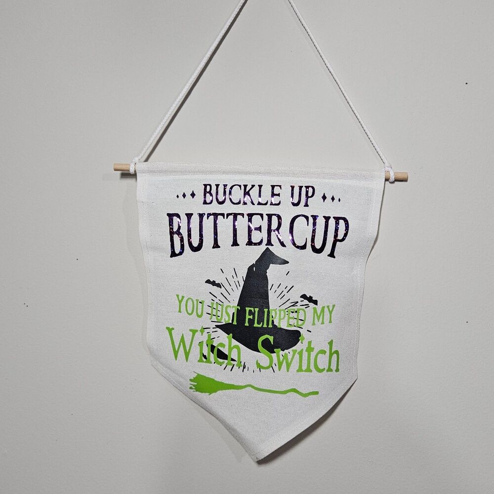 New “Buckle Up Buttercup” Halloween Pennant Sign 13”x 10.5” Green & Black